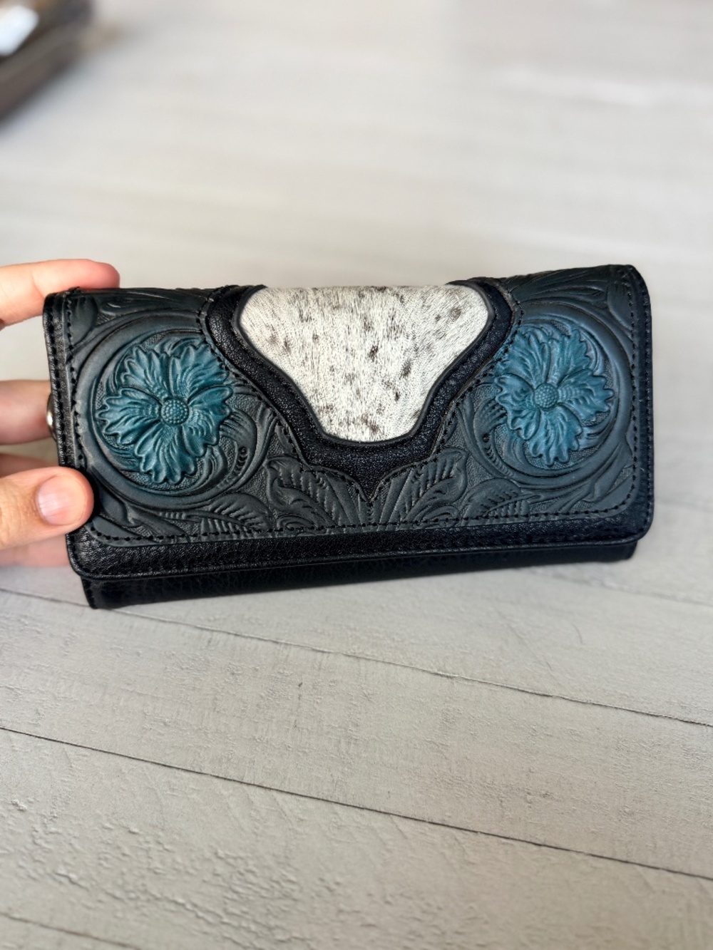 Trinity Ranch Floral Tooled and Hair-On Cowhide Collection Wallet Black